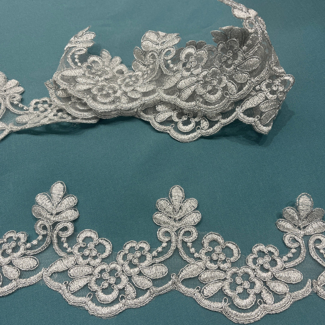 Metalic Silver Corded Lace Trimming Embroidered on 100% Polyester Net Mesh | Lace USA - 95967W/1