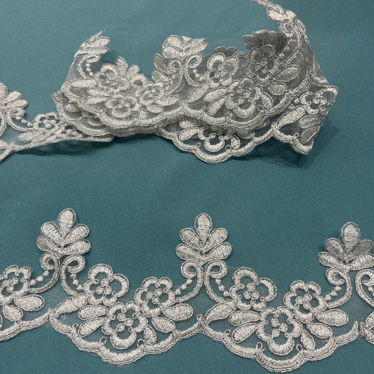 Metalic Silver Corded Lace Trimming Embroidered on 100% Polyester Net Mesh | Lace USA - 95967W/1