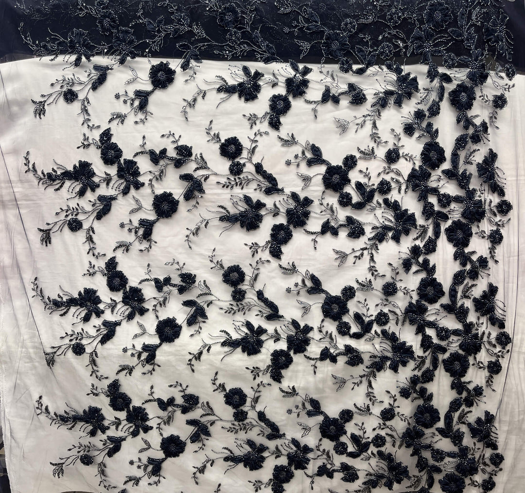 Beaded 3D Floral Lace Fabric Embroidered on 100% Polyester Net Mesh | Lace USA - GD-10143