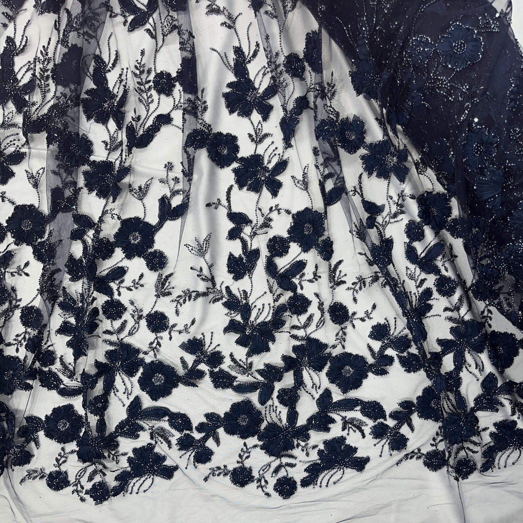 Navy Beaded 3D floral lace fabric with ra3D flower design, pearls. beads and sequins on mesh –  LaceUSA GD-10143-7
