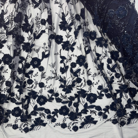 Navy Beaded 3D floral lace fabric with ra3D flower design, pearls. beads and sequins on mesh –  LaceUSA GD-10143-7