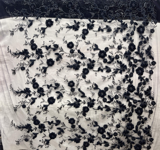 Full view of Beaded Navy 3D floral lace fabric with tulle flowers, pearls and sequins on mesh – bridal lace by the yard