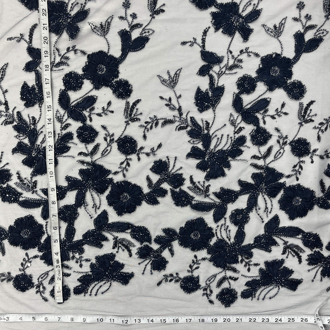 Navy beaded 3D floral lace fabric with 3D flowers pearls and sequins on mesh with measuring tape -LaceUSA GD-10143-7