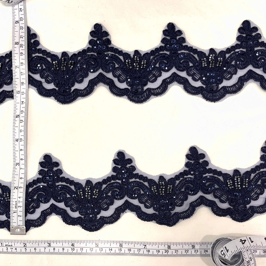 Ribete de encaje con cordón y cuentas bordado en malla de red 100 % poliéster | Encaje EE. UU.