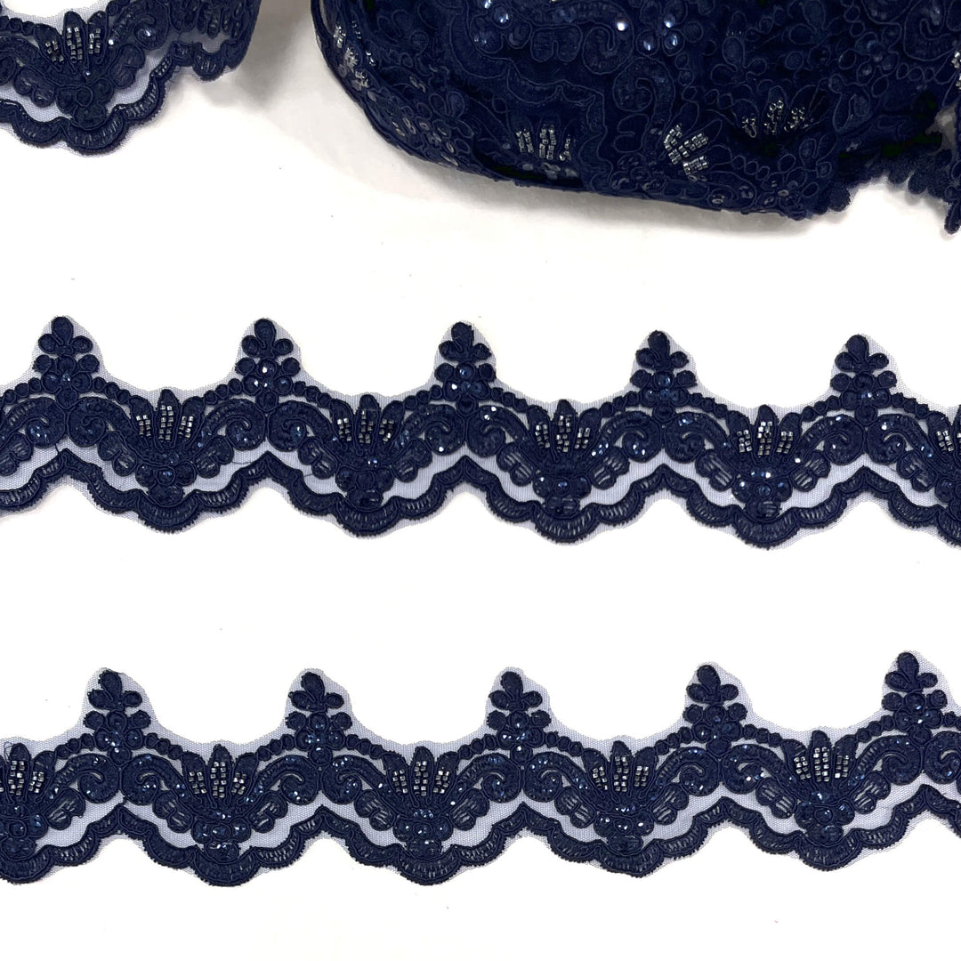 Ribete de encaje con cordón y cuentas bordado en malla de red 100 % poliéster | Encaje EE. UU.