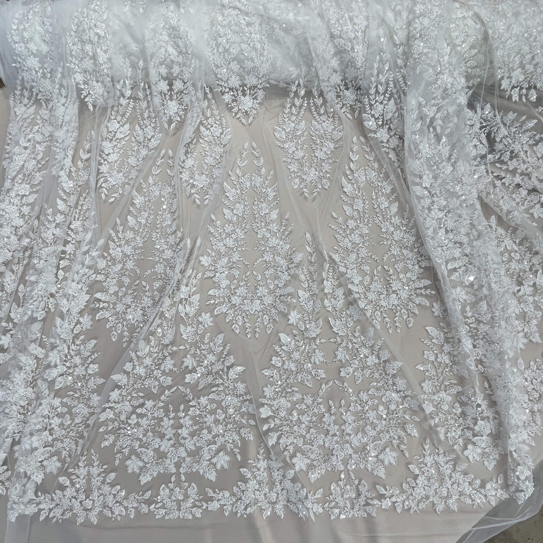 Overview of OffWhite Beaded Medalion Bridal Lace Fabric-LaceUSAGD-2636