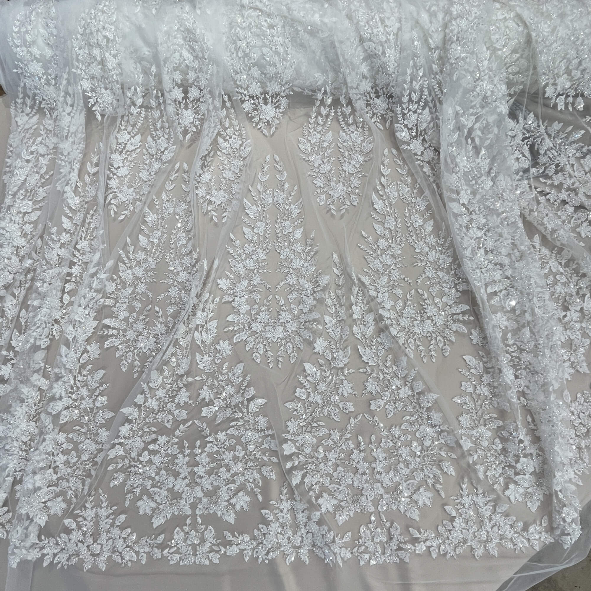 Overview of OffWhite Beaded Medalion Bridal Lace Fabric-LaceUSAGD-2636