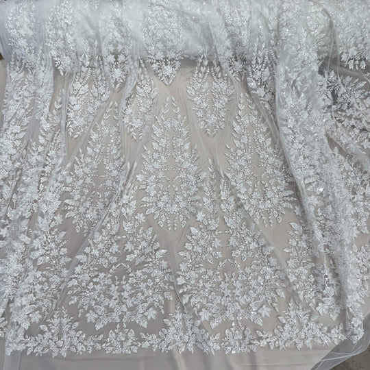Overview of OffWhite Beaded Medalion Bridal Lace Fabric-LaceUSAGD-2636