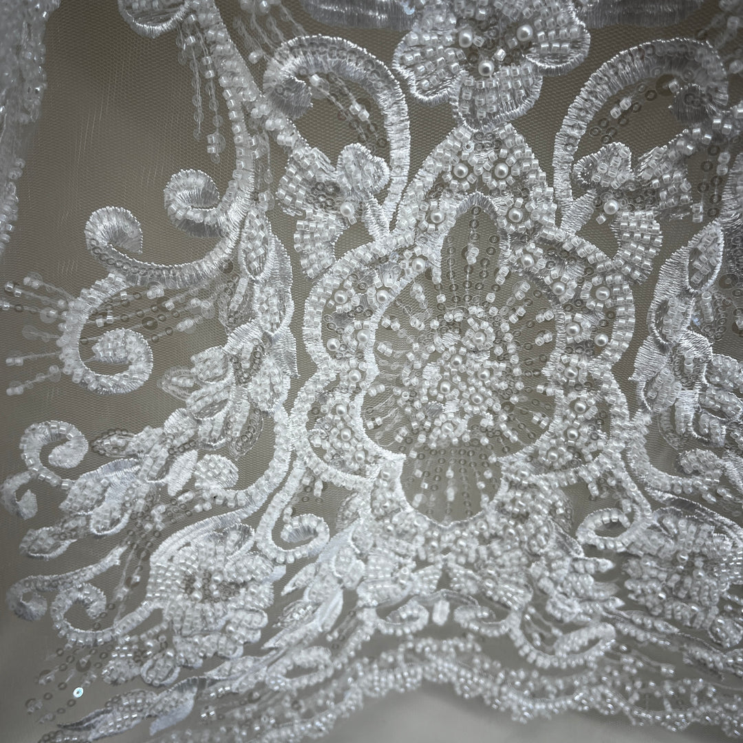 Beaded Lace Fabric Embroidered on 100% Polyester Net Mesh Lace USA - GD-11905