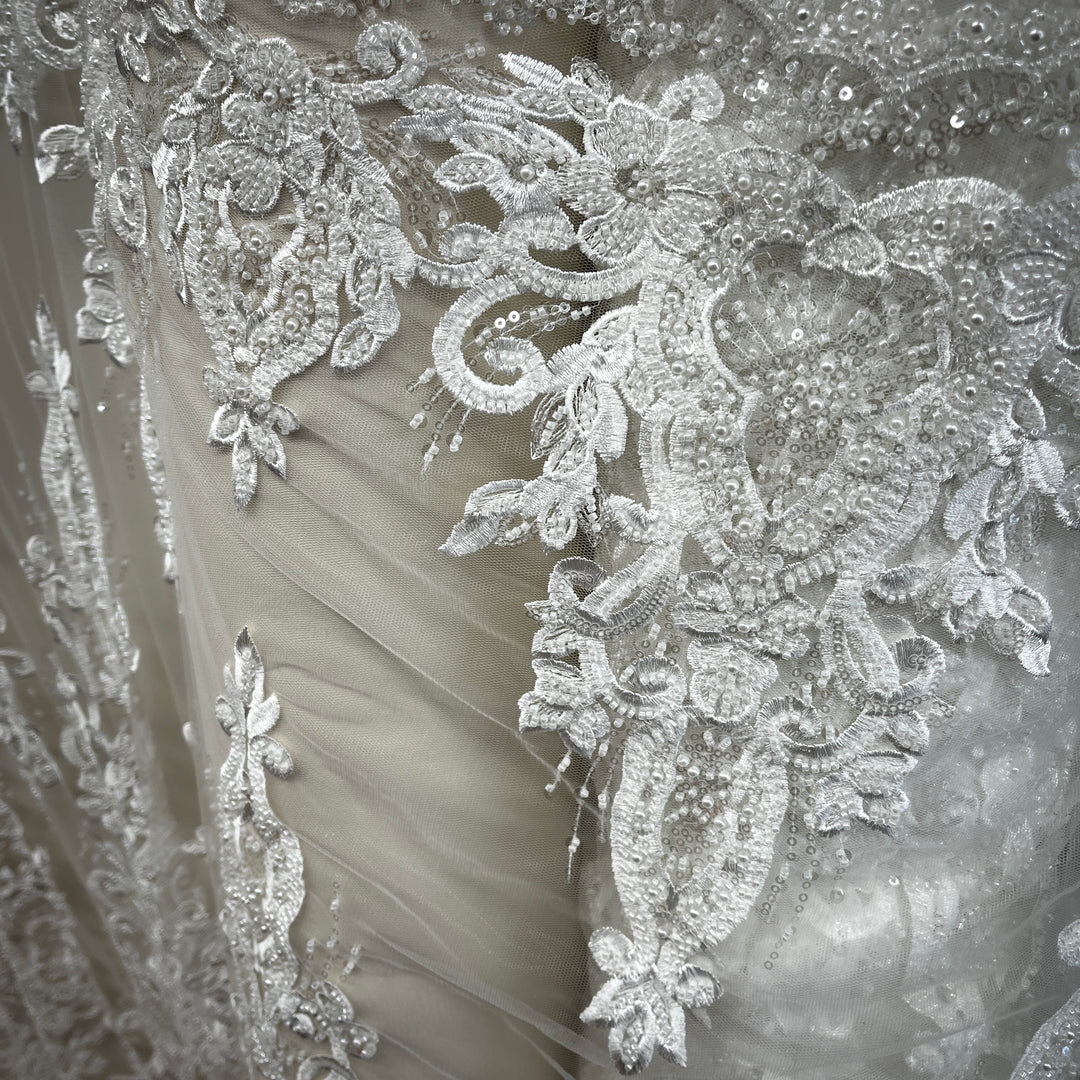 Beaded Lace Fabric Embroidered on 100% Polyester Net Mesh Lace USA - GD-11905
