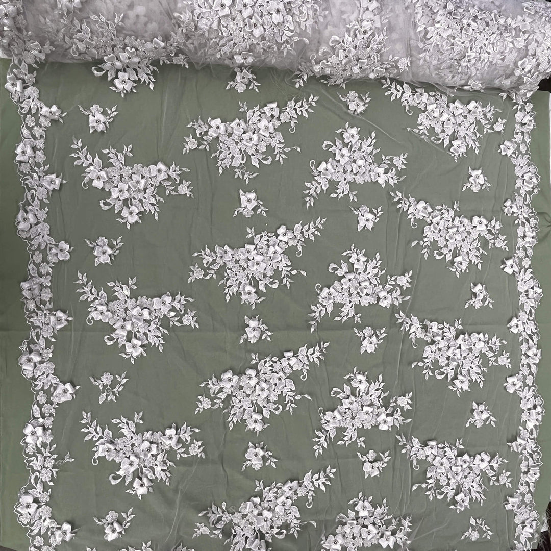Full view of Lace USA GD-3040 3D off white floral lace, embellished with beads and rhinestones—ideal for dresses, gowns, and formalwear.