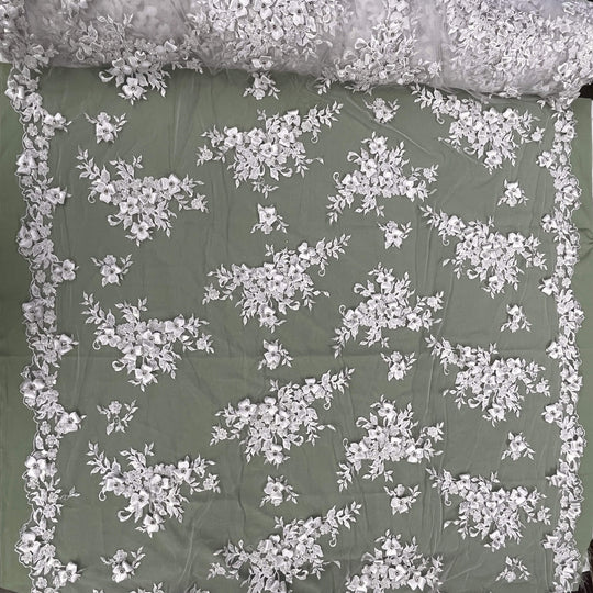 Full view of Lace USA GD-3040 3D off white floral lace, embellished with beads and rhinestones—ideal for dresses, gowns, and formalwear.