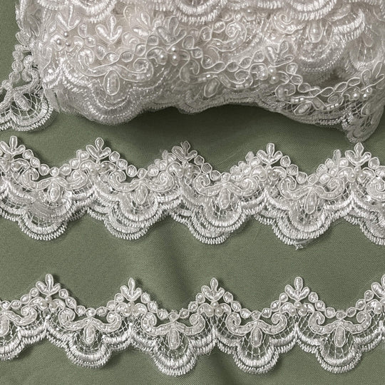 Beaded & Corded Lace Trimming Embroidered on 100% Polyester  Net Mesh | Lace USA - 95142N-BP