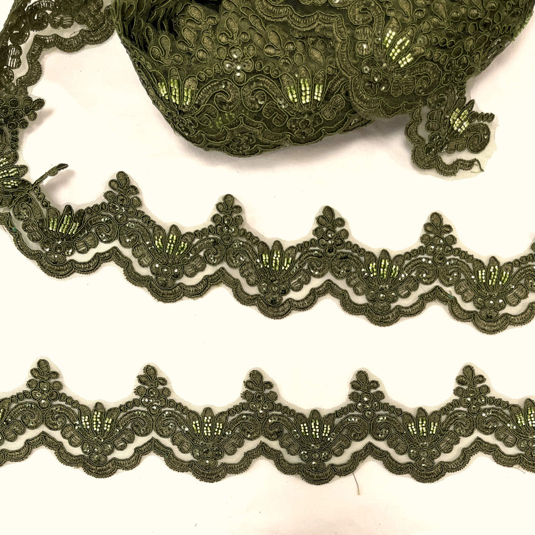 Ribete de encaje con cordón y cuentas bordado en malla de red 100 % poliéster | Encaje EE. UU.