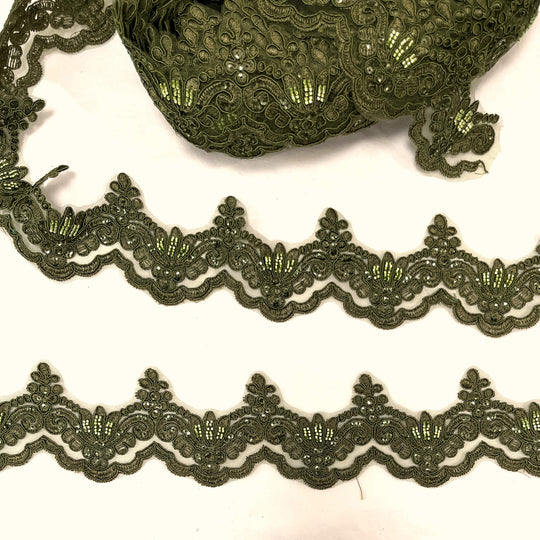 Ribete de encaje con cordón y cuentas bordado en malla de red 100 % poliéster | Encaje EE. UU.