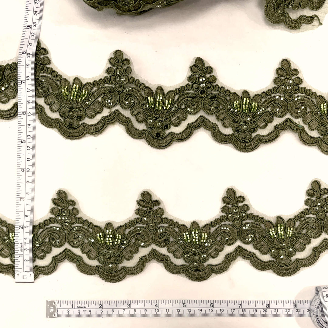 Ribete de encaje con cordón y cuentas bordado en malla de red 100 % poliéster | Encaje EE. UU.