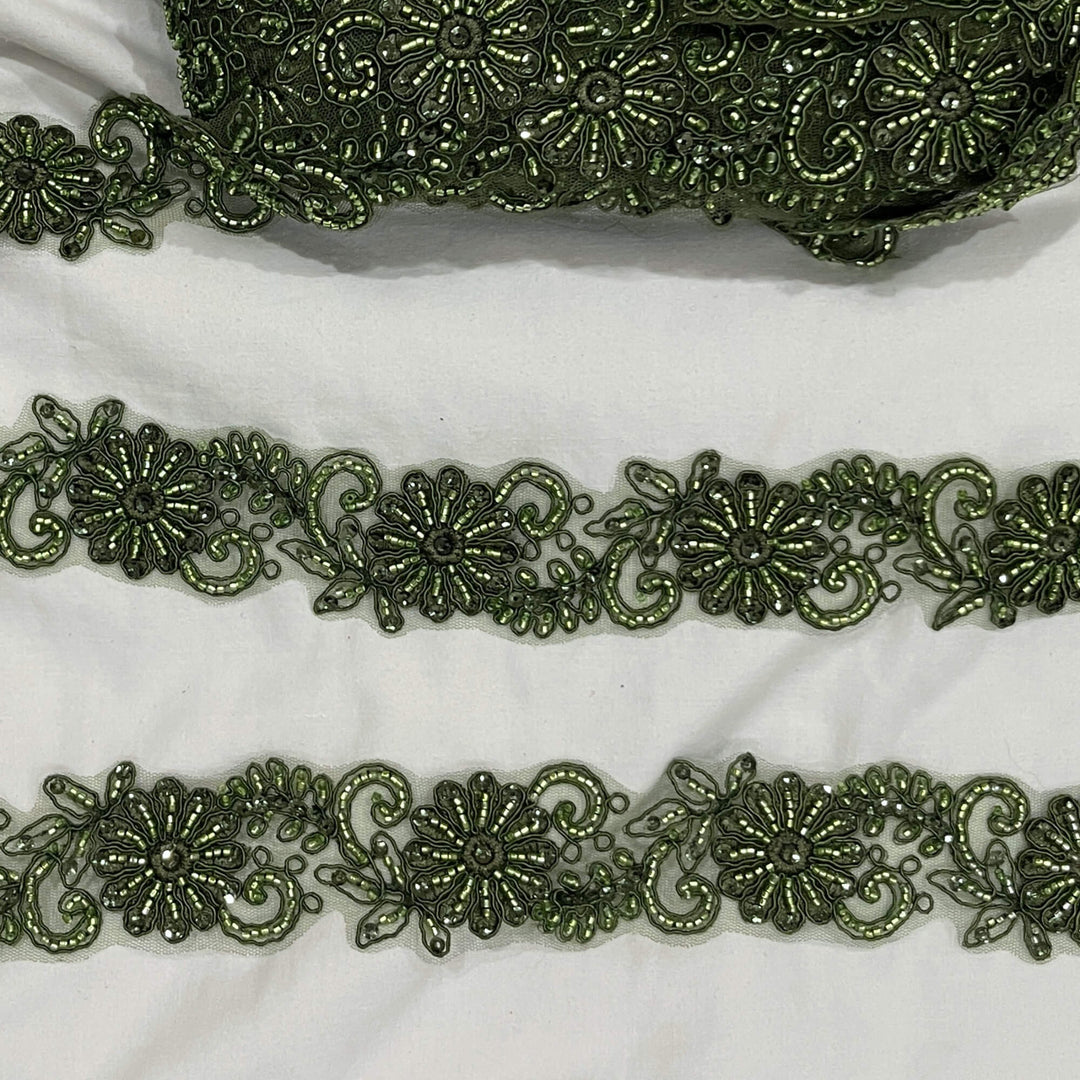  Olive color  Floral Beaded and Corded Lace Trim | Lace USA #96275WHB OLIVE
