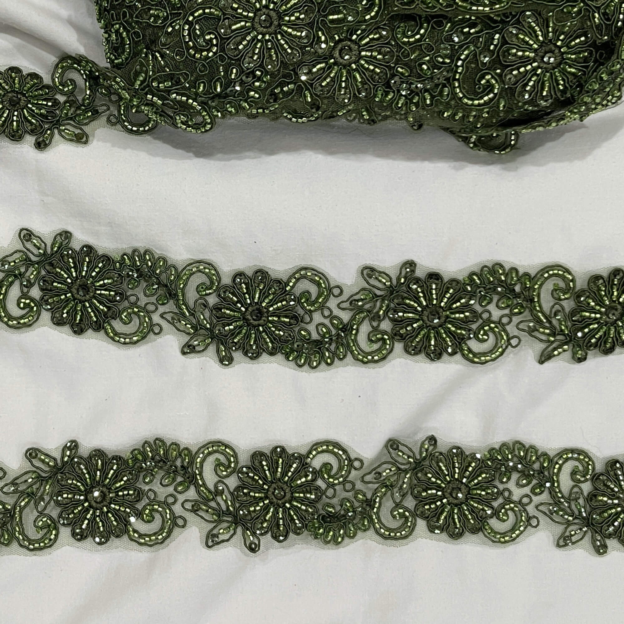  Olive color  Floral Beaded and Corded Lace Trim | Lace USA #96275WHB OLIVE