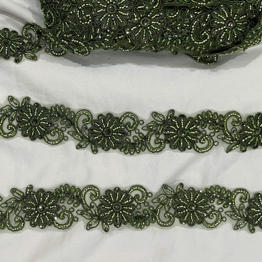  Olive color  Floral Beaded and Corded Lace Trim | Lace USA #96275WHB OLIVE