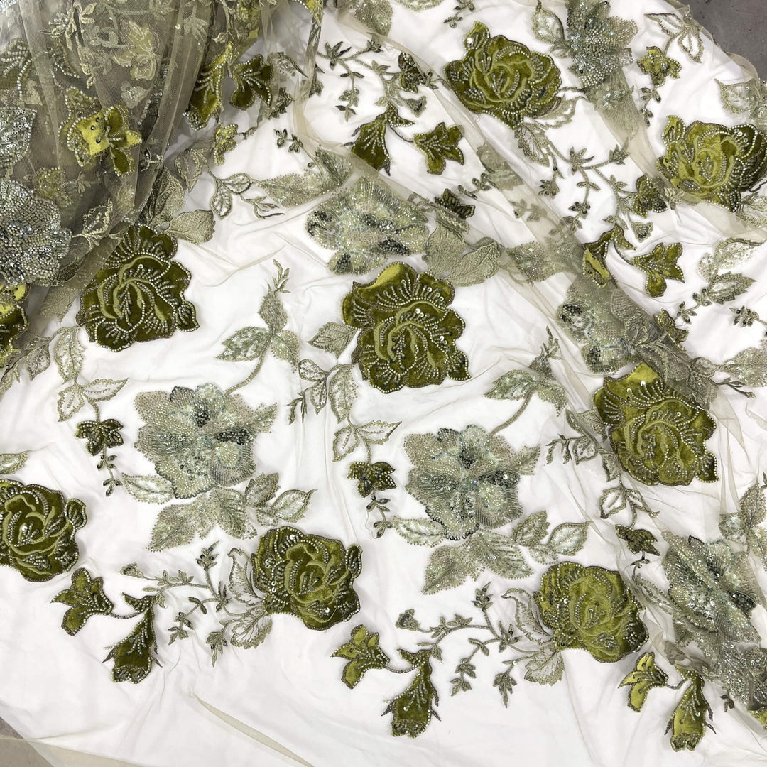Beaded Lace Fabric Embroidered on 100% Polyester Net Mesh & Velvet | Lace USA - GD-2529