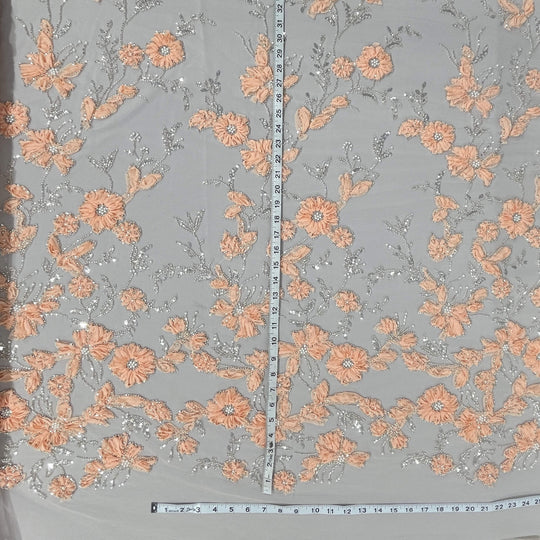 Peach floral lace fabric decorated with 3D flowers pearls and sequins on mesh with measuring tape LaceUSA GD-10143-1