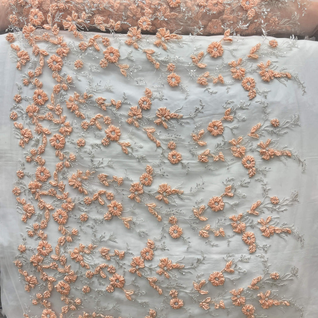 Full view of Beaded 3D Peach floral lace fabric with 3D flowers, pearls and sequins on mesh – costumelace by the yard