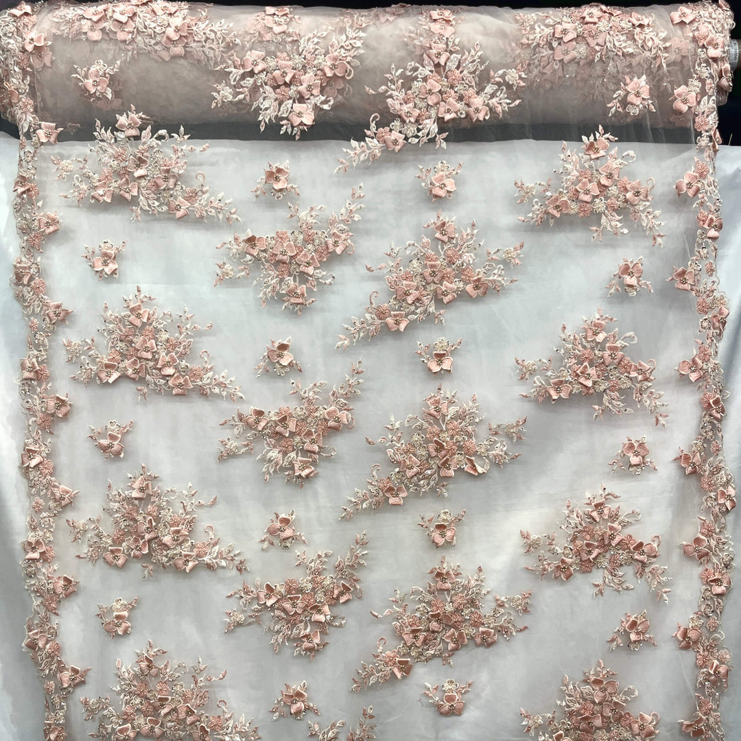 Full view of Lace USA GD-3040 3D Peach floral lace, embellished with beads and rhinestones—ideal for dresses, gowns, and formalwear.