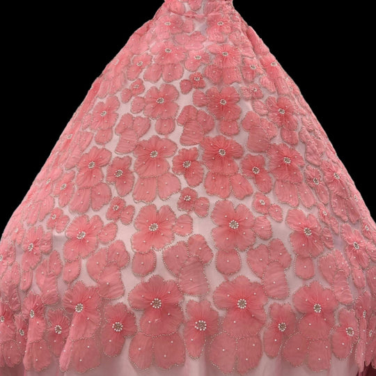 Peach Beaded 3D floral lace fabric embroidered on net mesh for bridal and Quinceanera dresses | Lace USA - GD-216