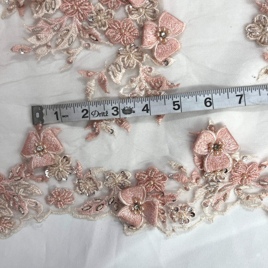 Measured view of Lace USA GD-3040 edging 3D Peach floral lace, embellished with beads and rhinestones 