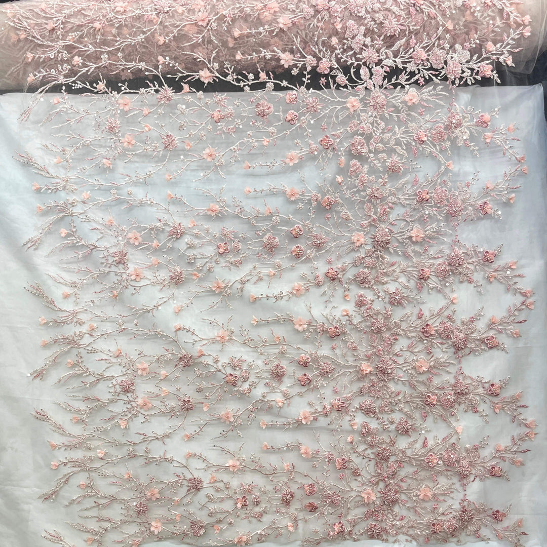 Full view of Pink Beaded 3D floral  Lace Embroidered on Net Mesh - LaceUSA Item GD3165 