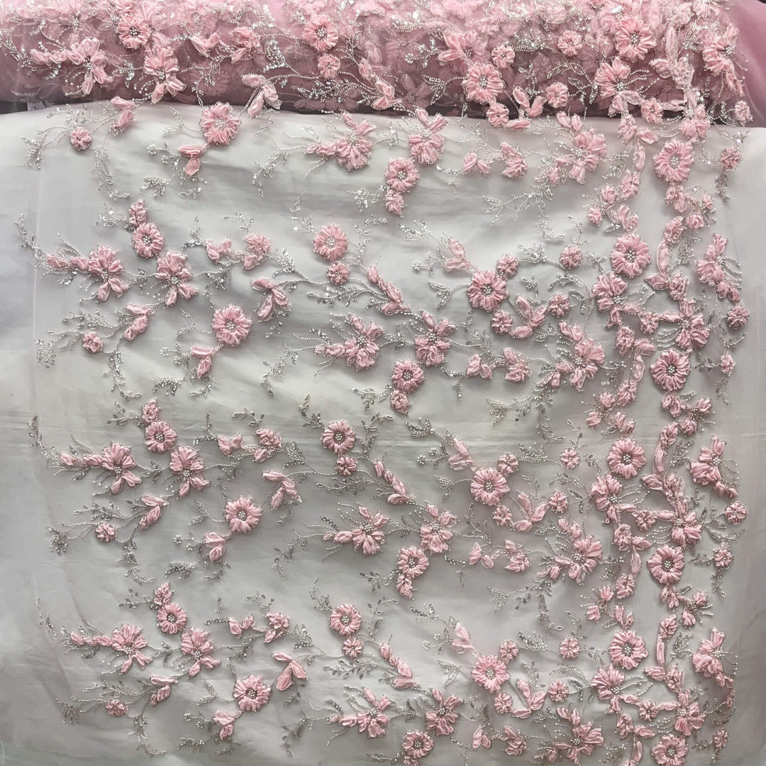 Beaded 3D Floral Lace Fabric Embroidered on 100% Polyester Net Mesh | Lace USA - GD-10143