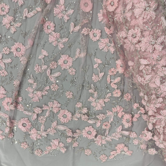 Beaded 3D Floral Lace Fabric Embroidered on 100% Polyester Net Mesh | Lace USA - GD-10143