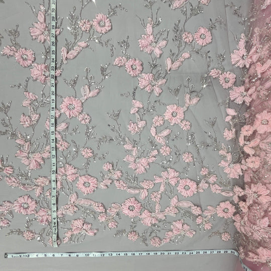 Beaded 3D Floral Lace Fabric Embroidered on 100% Polyester Net Mesh | Lace USA - GD-10143