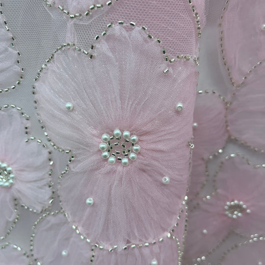 Close up Detail  of pink 3D floral beaded lace fabric embroidered on  polyester net mesh | Lace USA - GD-216
