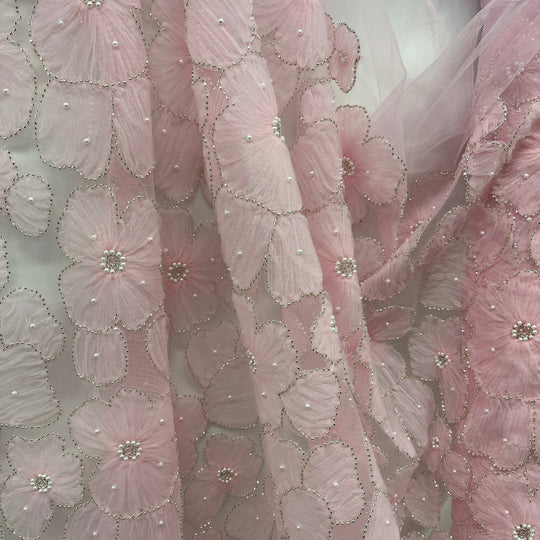 Closeup view of  Pink  handmade 3D floral lace fabric for dance costumes and Quince dresses | Lace USA - GD-216