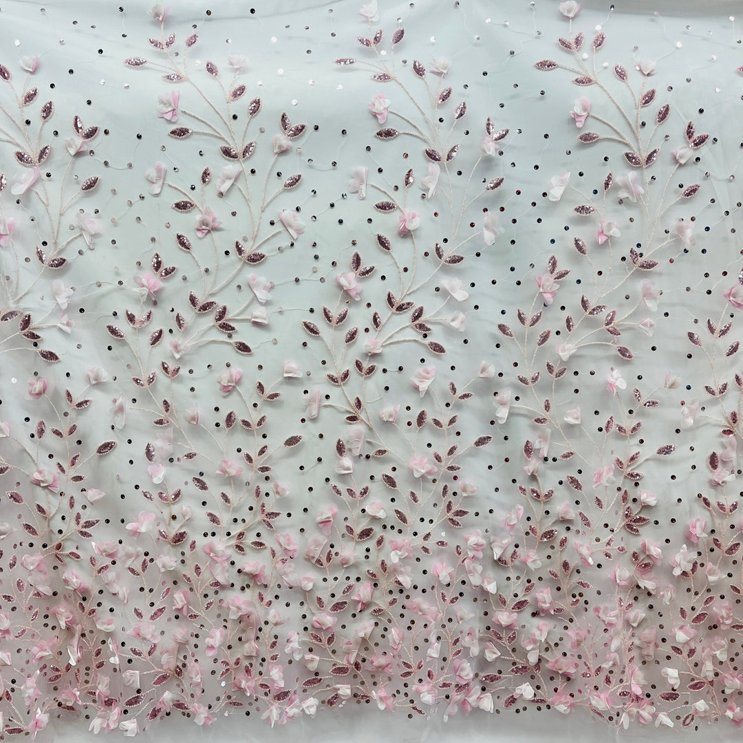 Beaded 3D Floral Lace Fabric Embroidered on 100% Polyester Net Mesh | Lace USA - GD-945
