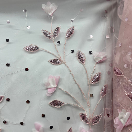 Beaded 3D Floral Lace Fabric Embroidered on 100% Polyester Net Mesh | Lace USA - GD-945