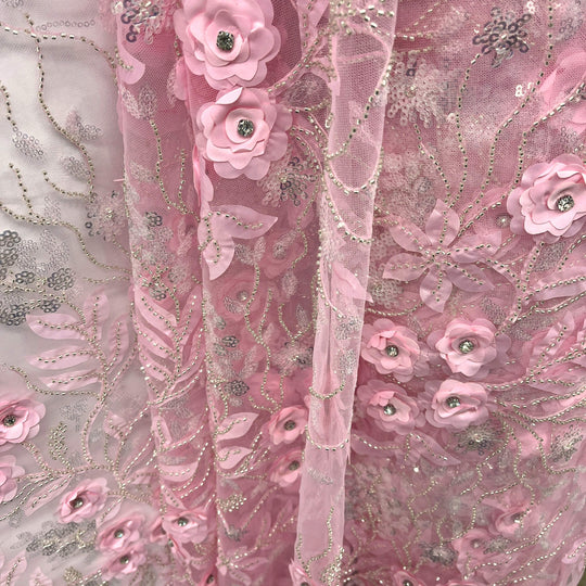 Pink Beaded  and sequined 3D Floral Lace Fabric Embroidered on 100% Polyester Net Mesh | Lace USA - GD-229