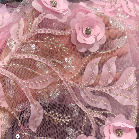 closeup of satin flower with rhinestone center, Beaded and sequined  3D Floral Lace Fabric | Lace USA - GD-229