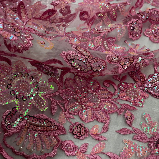 Closup of pink Beaded & Sequined Sparkling Lace Fabric Embroidered on 100% Polyester Net Mesh | Lace USA GD-2218