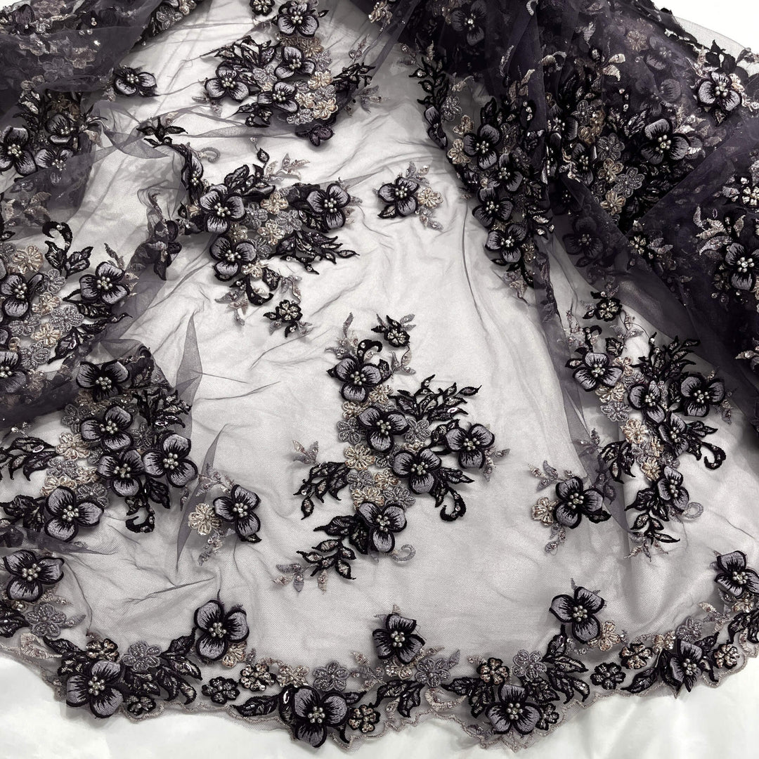Mid view of Lace USA GD-3040 3D Plum & antique silver floral lace, embellished with beads and rhinestones—ideal for dresses, gowns, and formalwear.