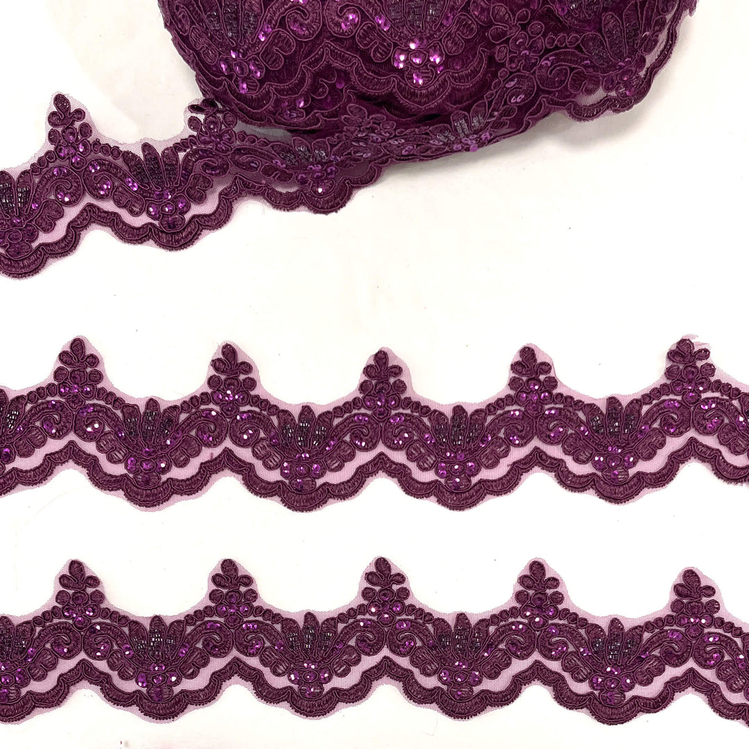 Ribete de encaje con cordón y cuentas bordado en malla de red 100 % poliéster | Encaje EE. UU.