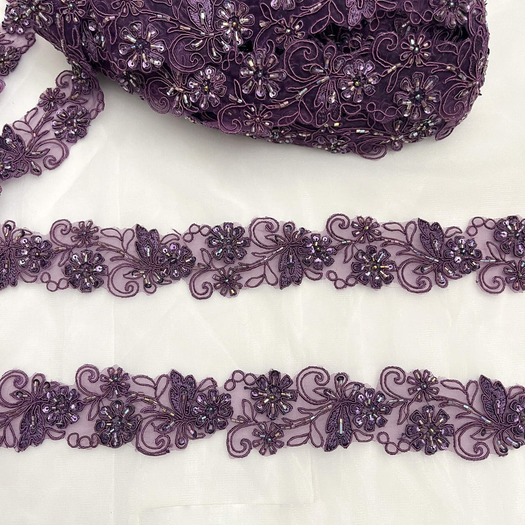 Plum lace trim with floral and leaf patterns |LaceUSA 96283N-BP