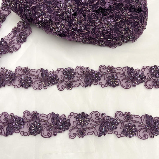 Plum lace trim with floral and leaf patterns |LaceUSA 96283N-BP