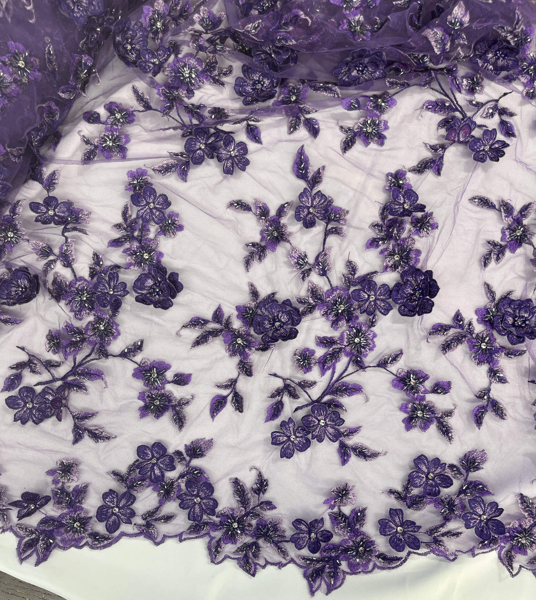Midview of Lace USA GD-1613 3D floral lace in purple, embellished with beads and rhinestones—ideal for gowns and formalwear.