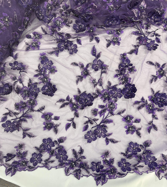 Midview of Lace USA GD-1613 3D floral lace in purple, embellished with beads and rhinestones—ideal for gowns and formalwear.