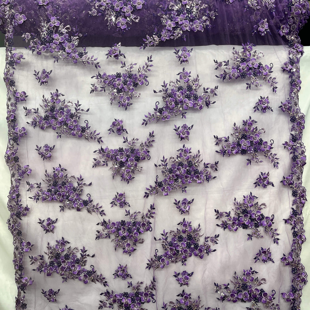 full view of Lace USA GD-3040 3D floral lace with two-tone purple embroidery, embellished with beads and rhinestones—ideal for formalwear