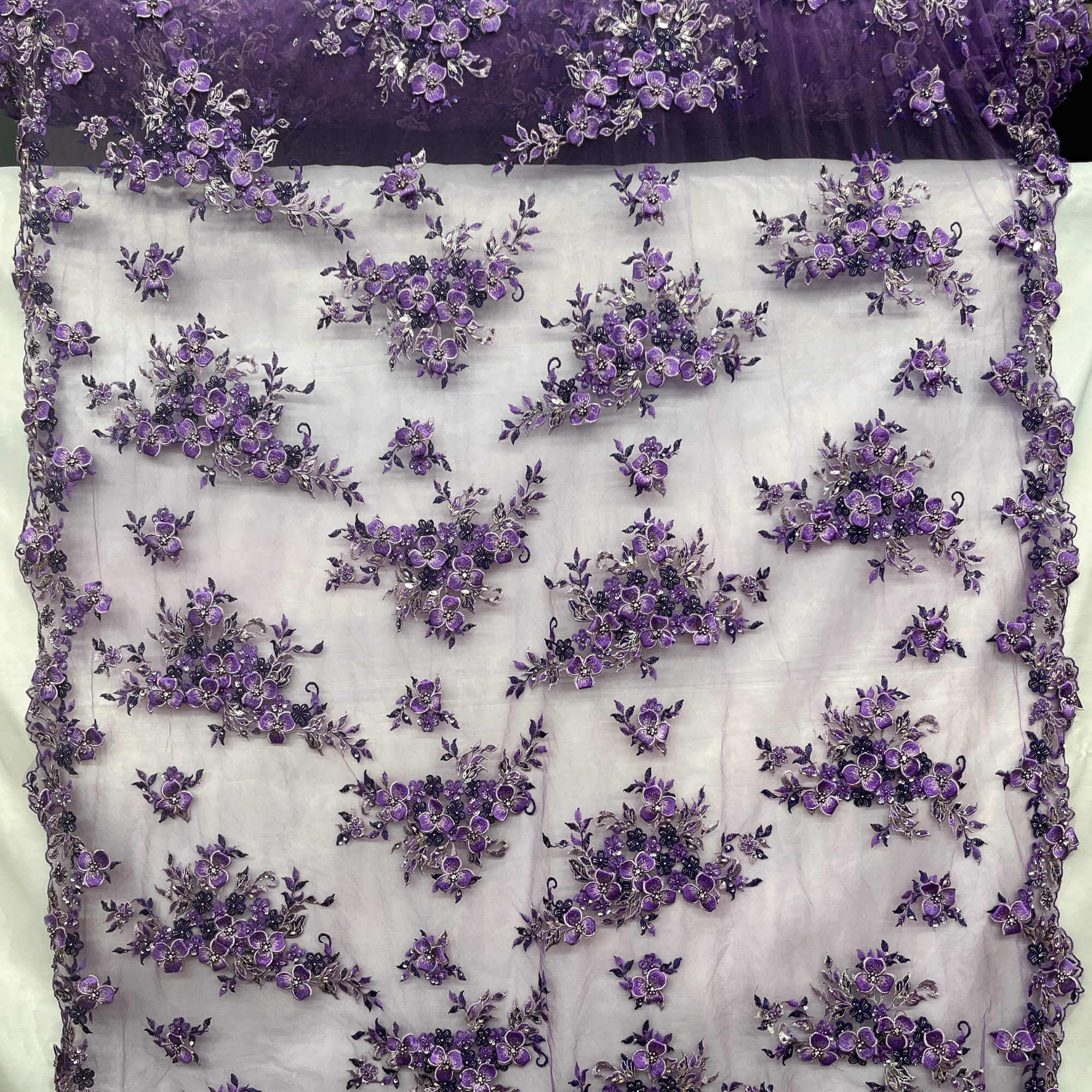full view of Lace USA GD-3040 3D floral lace with two-tone purple embroidery, embellished with beads and rhinestones—ideal for formalwear