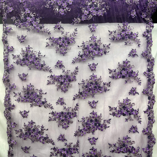 full view of Lace USA GD-3040 3D floral lace with two-tone purple embroidery, embellished with beads and rhinestones—ideal for formalwear
