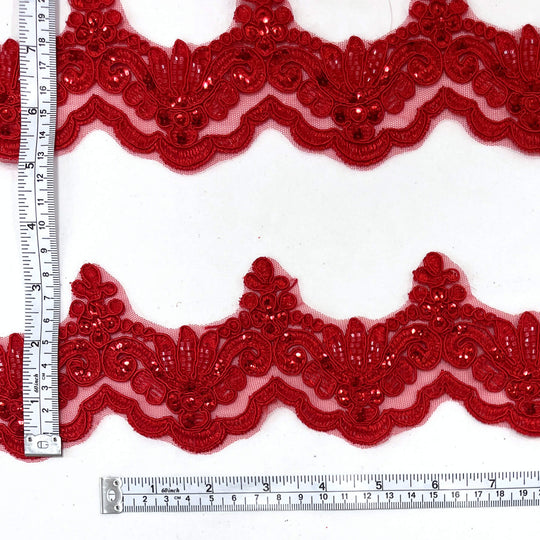 Ribete de encaje con cordón y cuentas bordado en malla de red 100 % poliéster | Encaje EE. UU.